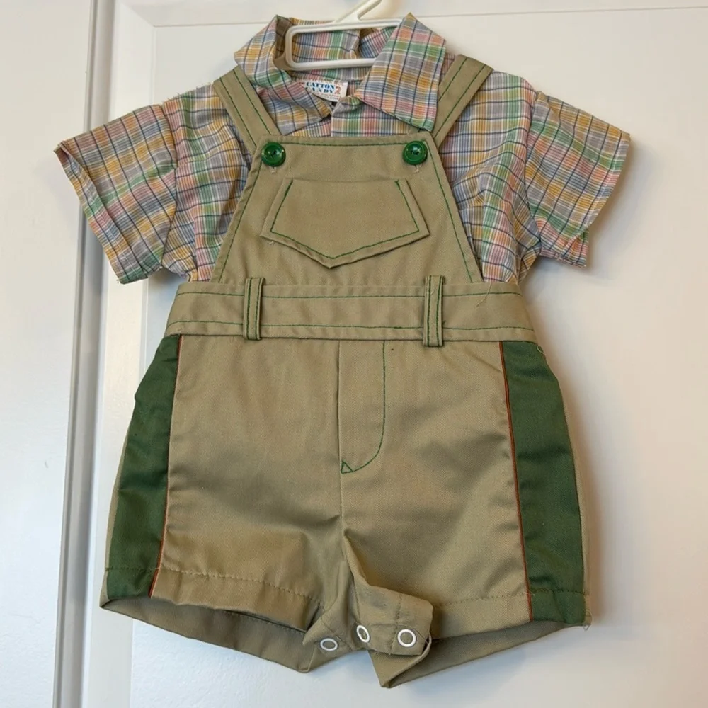 Vintage Cotton Candy Infant Boys 2 Piece Outfit green and tan overall 12 months